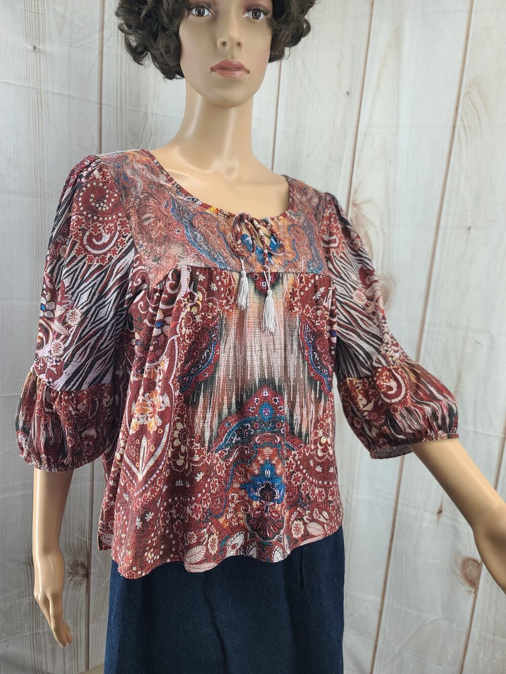 One World Women PXL Bohemian Peasant Top Blouse 3/4 Puff Sleeves Paisley Print